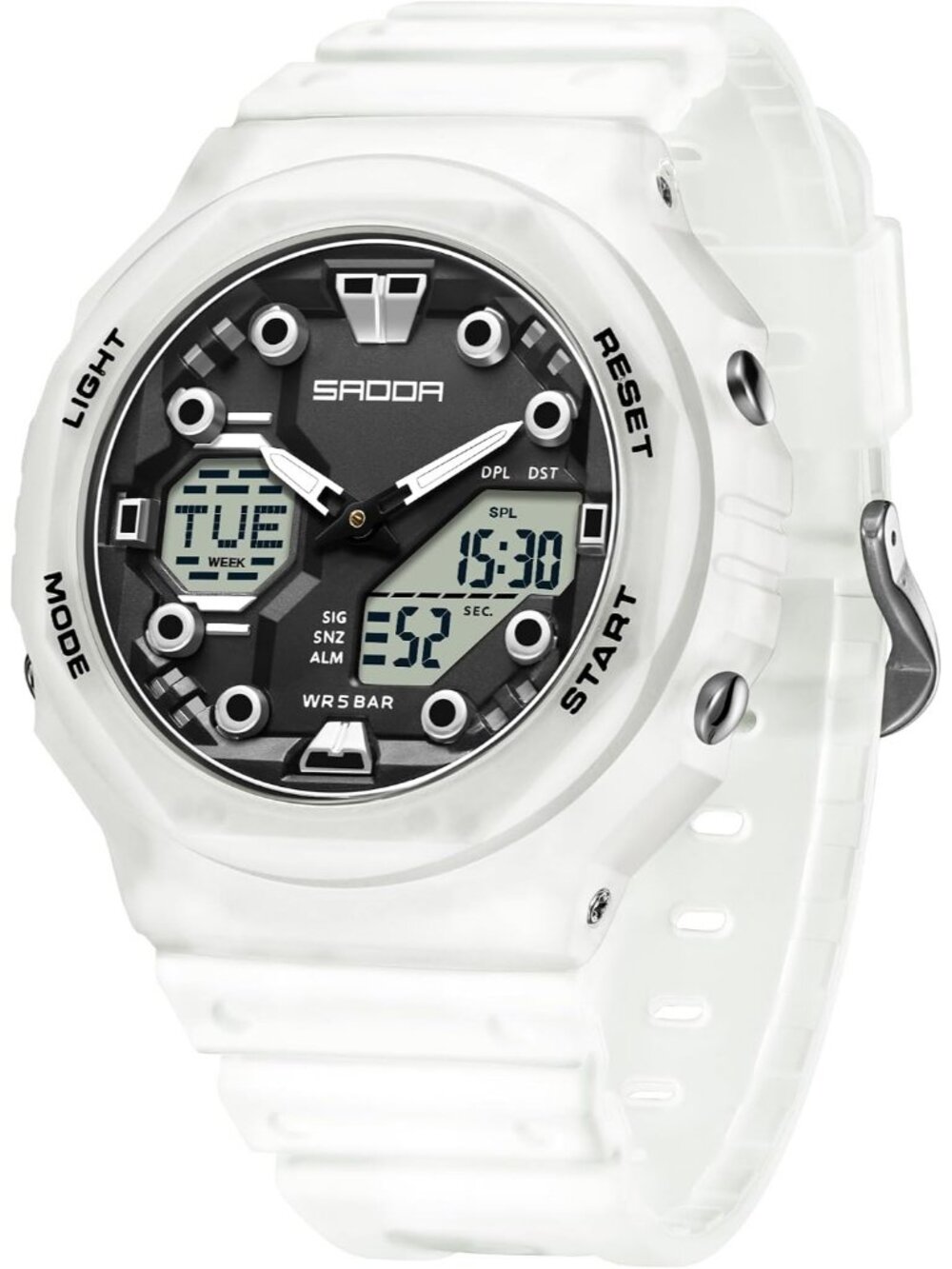 Women's Clear White Sports Digital Waterproof Analog LED Backlight Wrist Watch